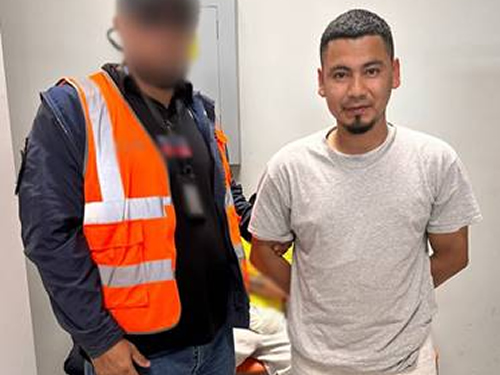 Francisco Ernesto Salinas-Chavez, a Salvadoran national wanted for ties to an aggravated terrorist organization (18th Street Gang), is taken into custody by Salvadoran law enforcement authorities July 31 at the Monsenor Oscar Arnulfo Romero International Airport in San Salvador, El Salvador, after being removed from the U.S. by ICE.
