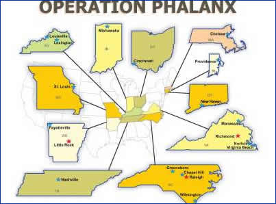Map showing cities and states in which the fraudulent document trafficking ring was active